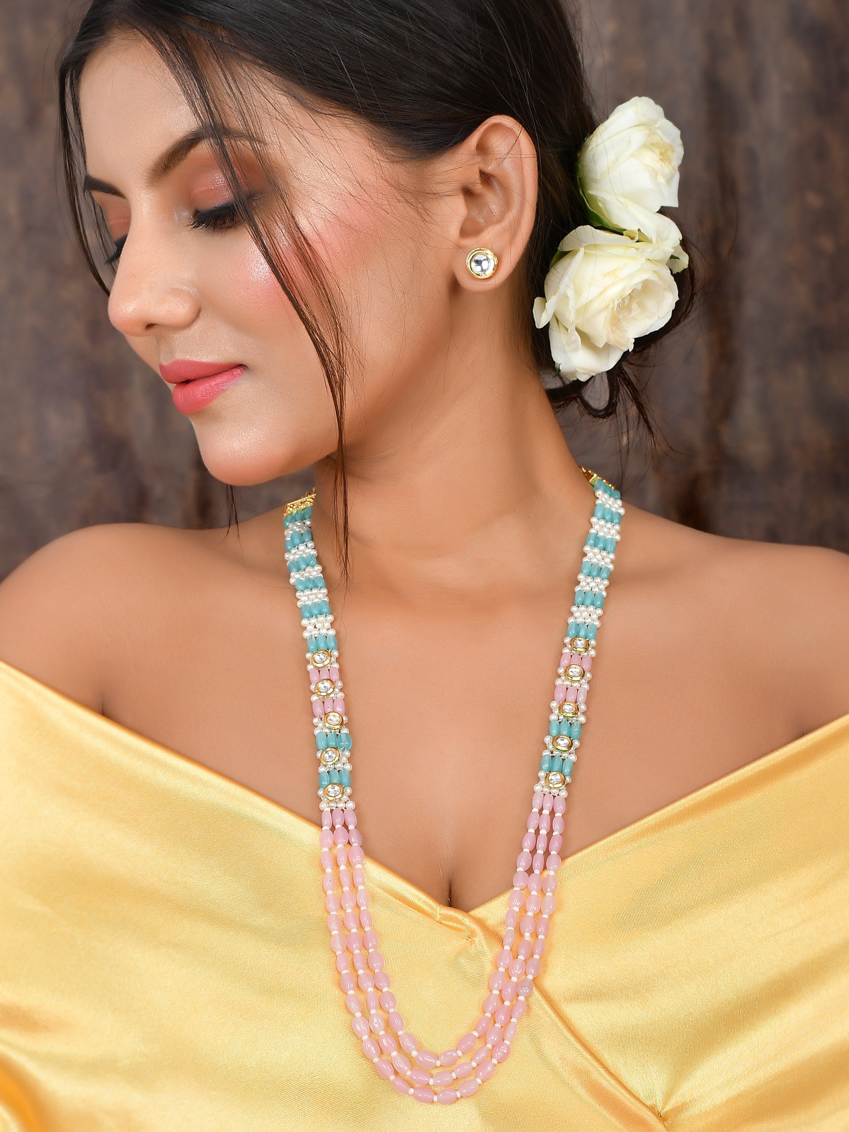 Ethereal Elegance Pink Mala with small Kundan Studs