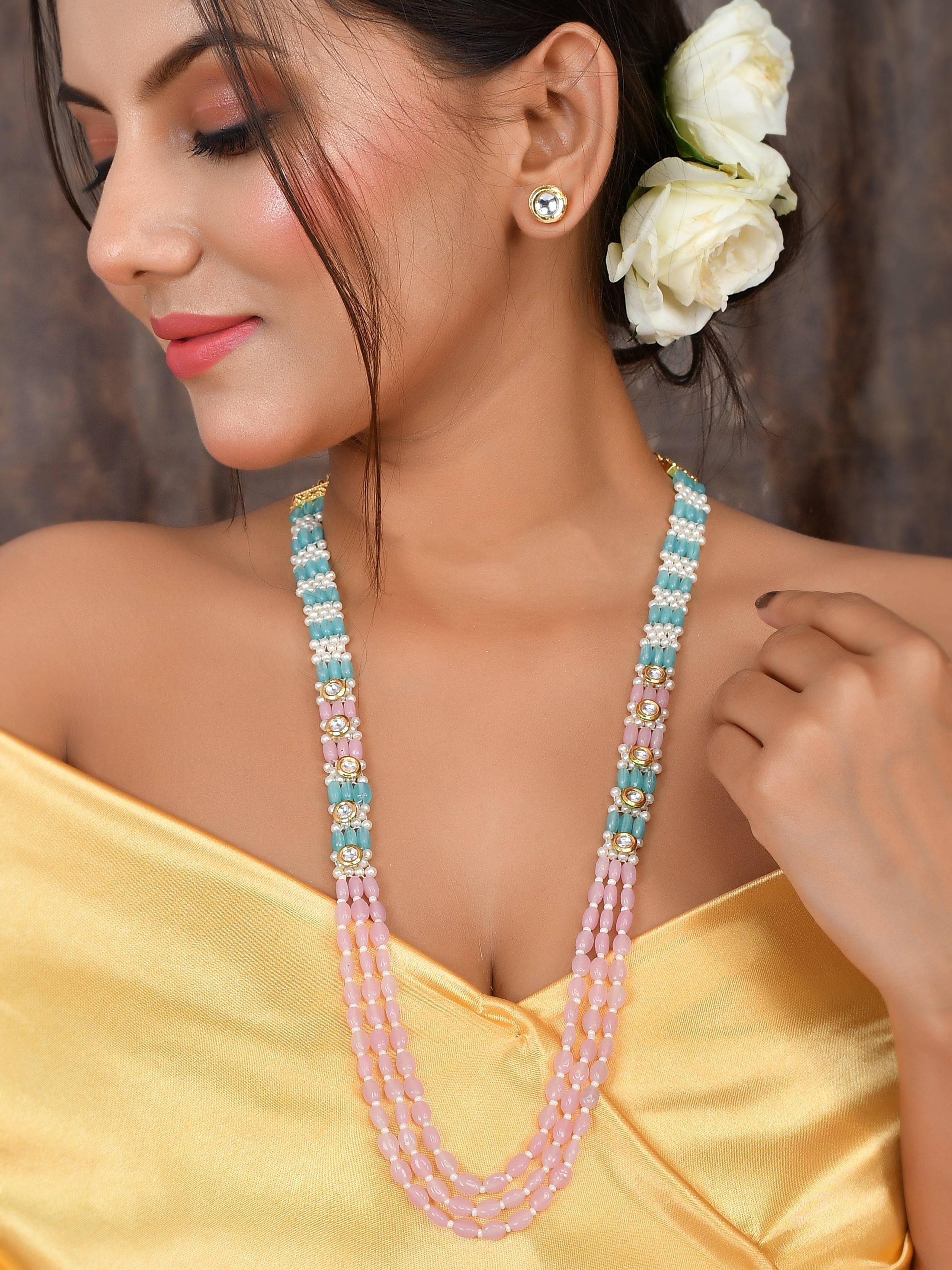 Ethereal Elegance Pink Mala with small Kundan Studs