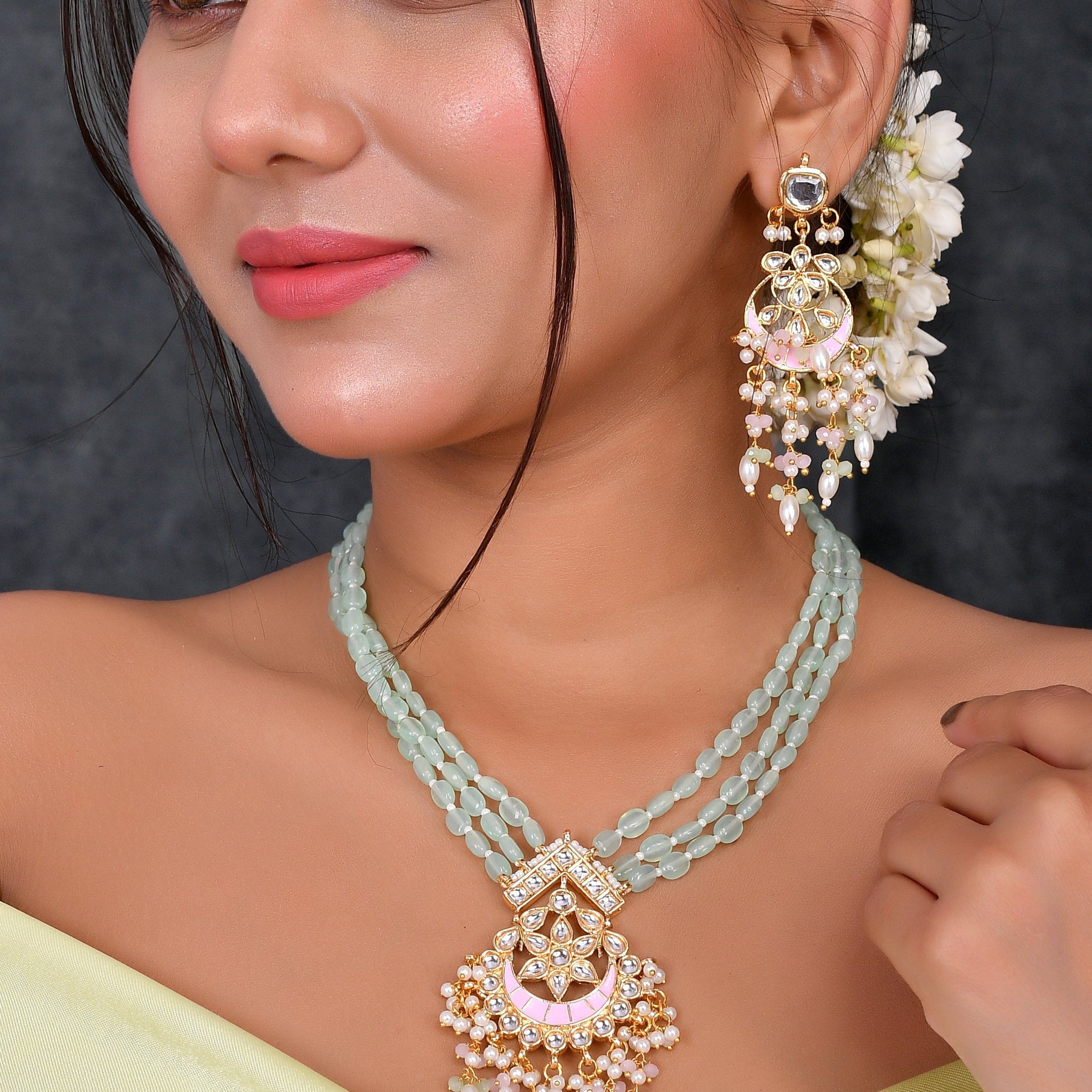Meena Enigma Mint Partywear Pendant Necklace Set