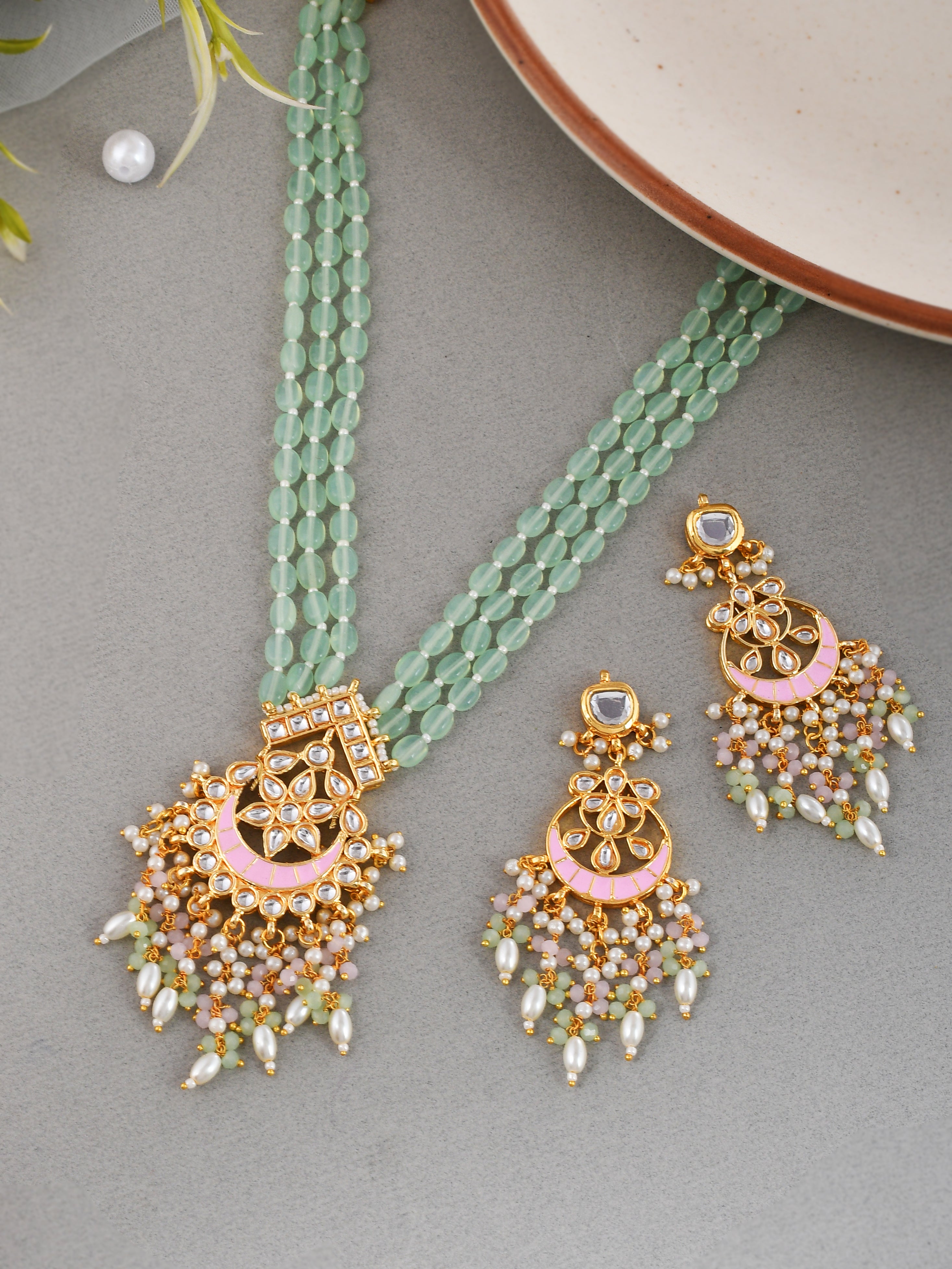 Meena Enigma Mint Partywear Pendant Necklace Set