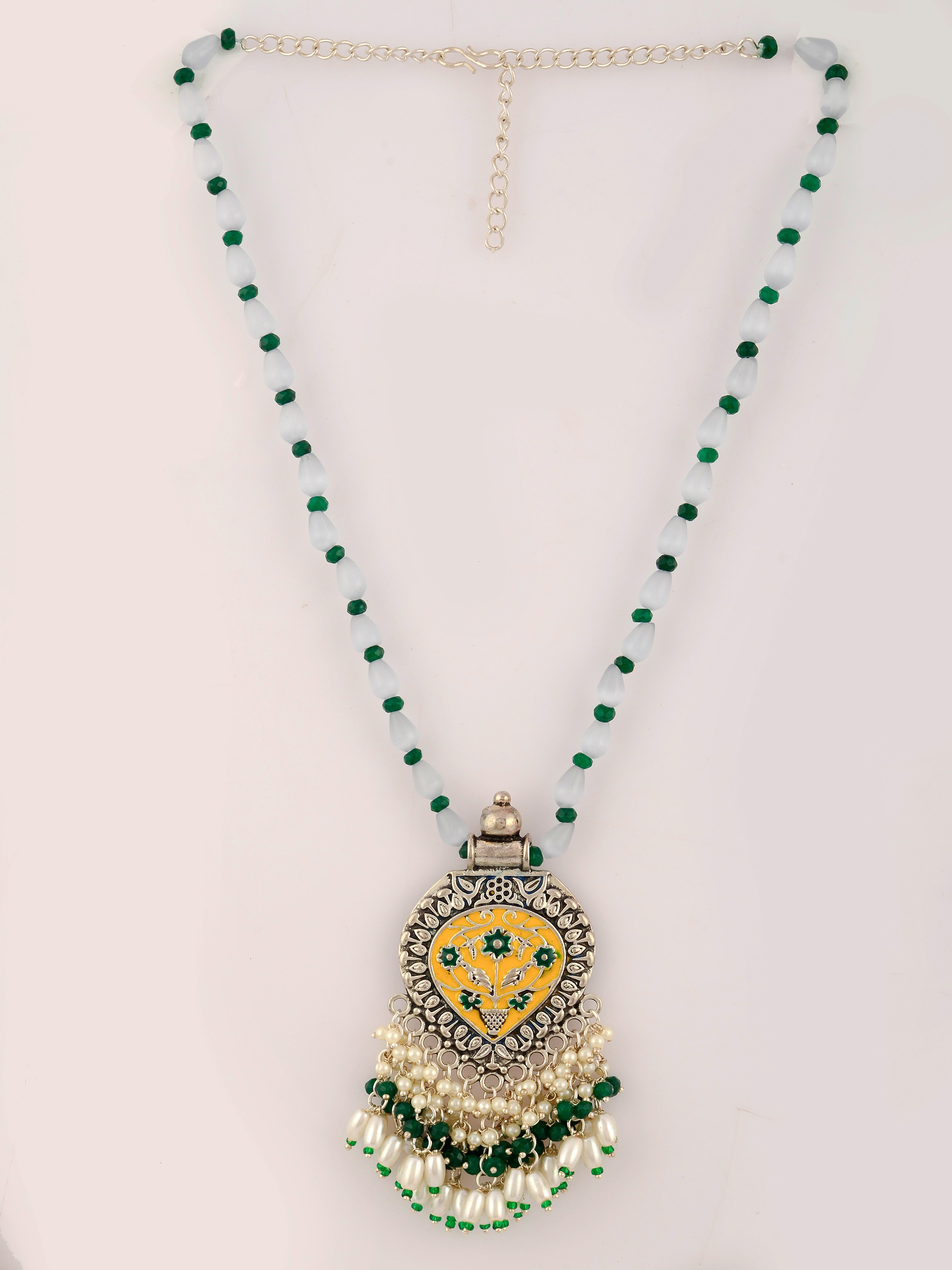 Dastoor White  Green Brass Silver-Plated Necklace