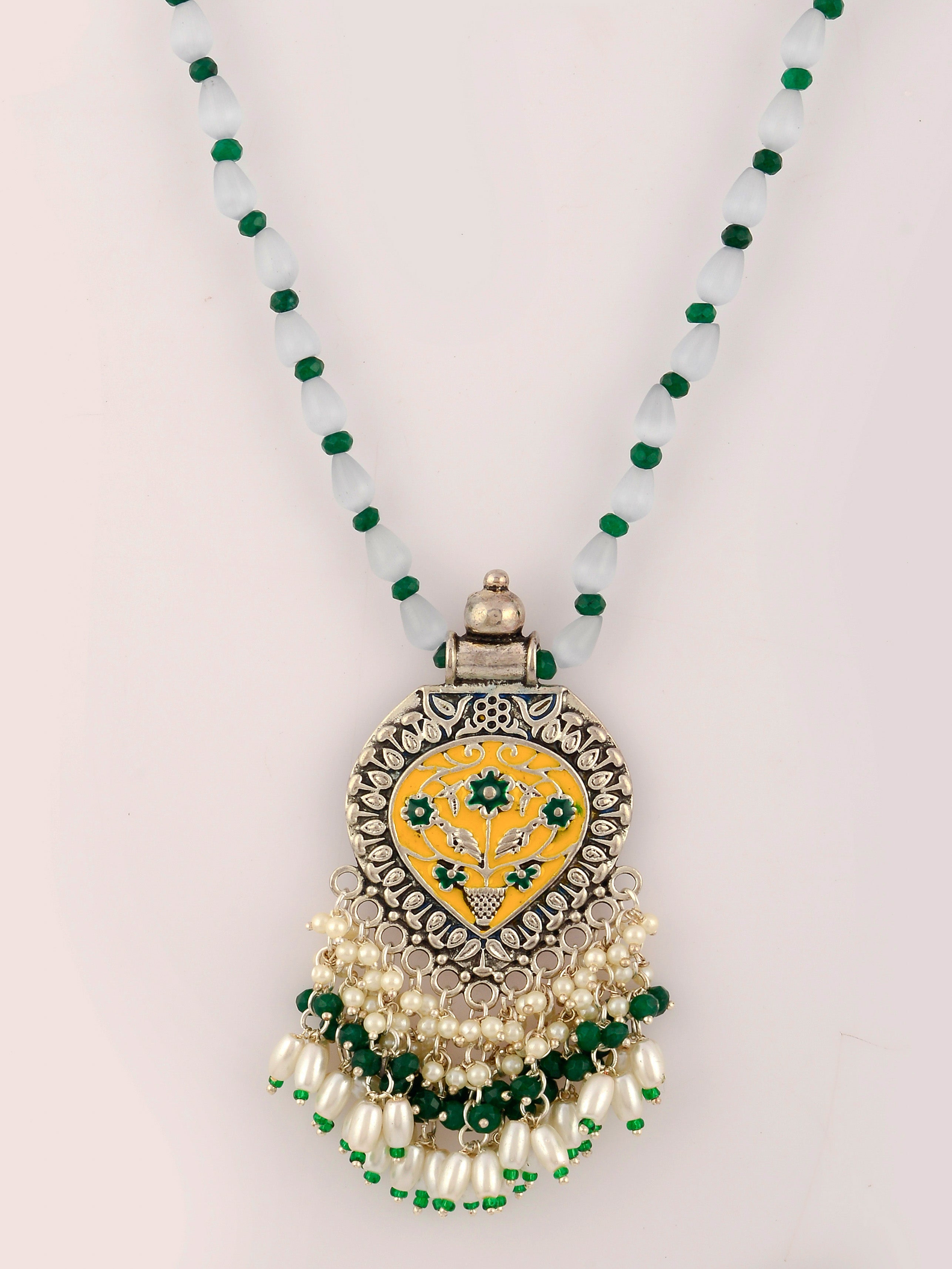 Dastoor White  Green Brass Silver-Plated Necklace