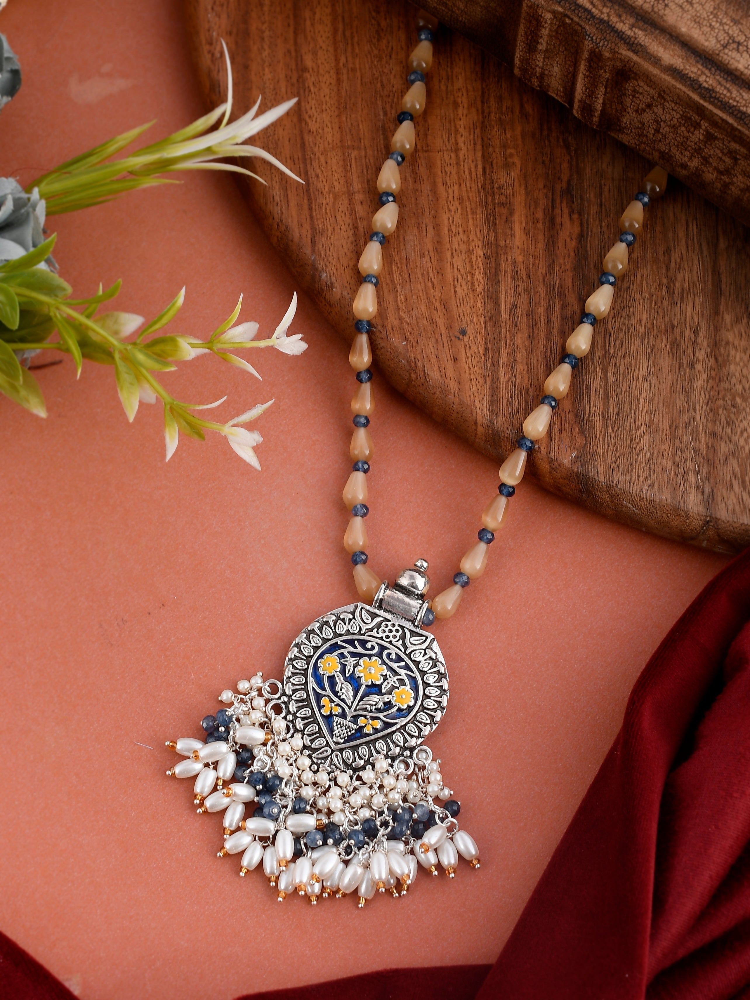 Dastoor Yellow  White Brass Silver-Plated Necklace