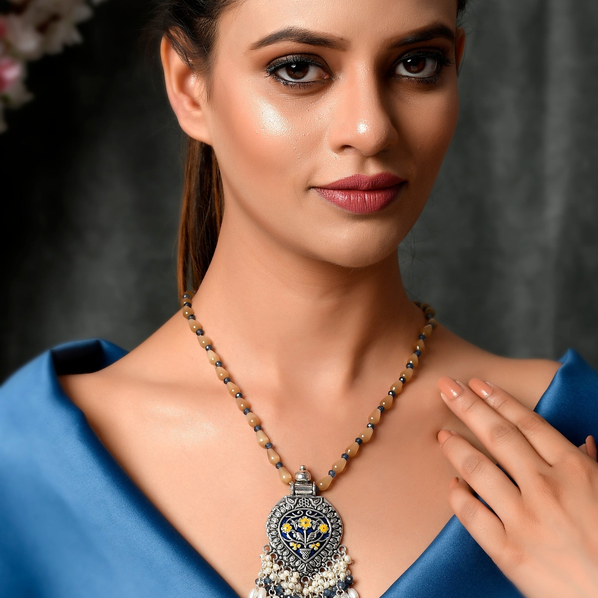 Dastoor Yellow  White Brass Silver-Plated Necklace