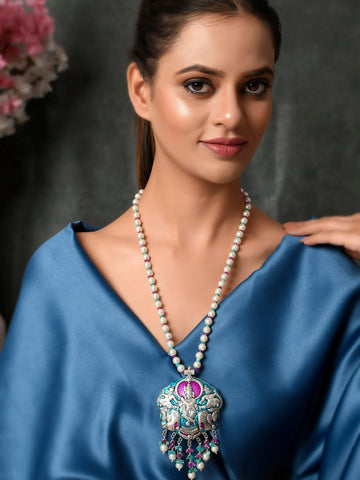 Dastoor Women  Silver-Toned  Blue Brass Silver-Plated Necklace