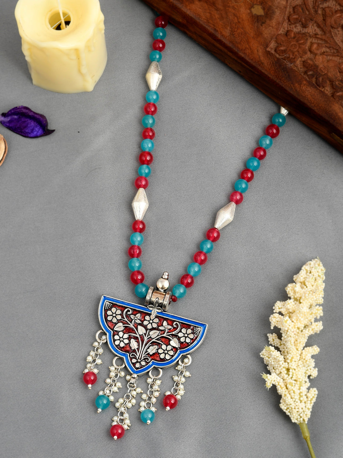 Dastoor Red  Blue Brass Silver-Plated Necklace