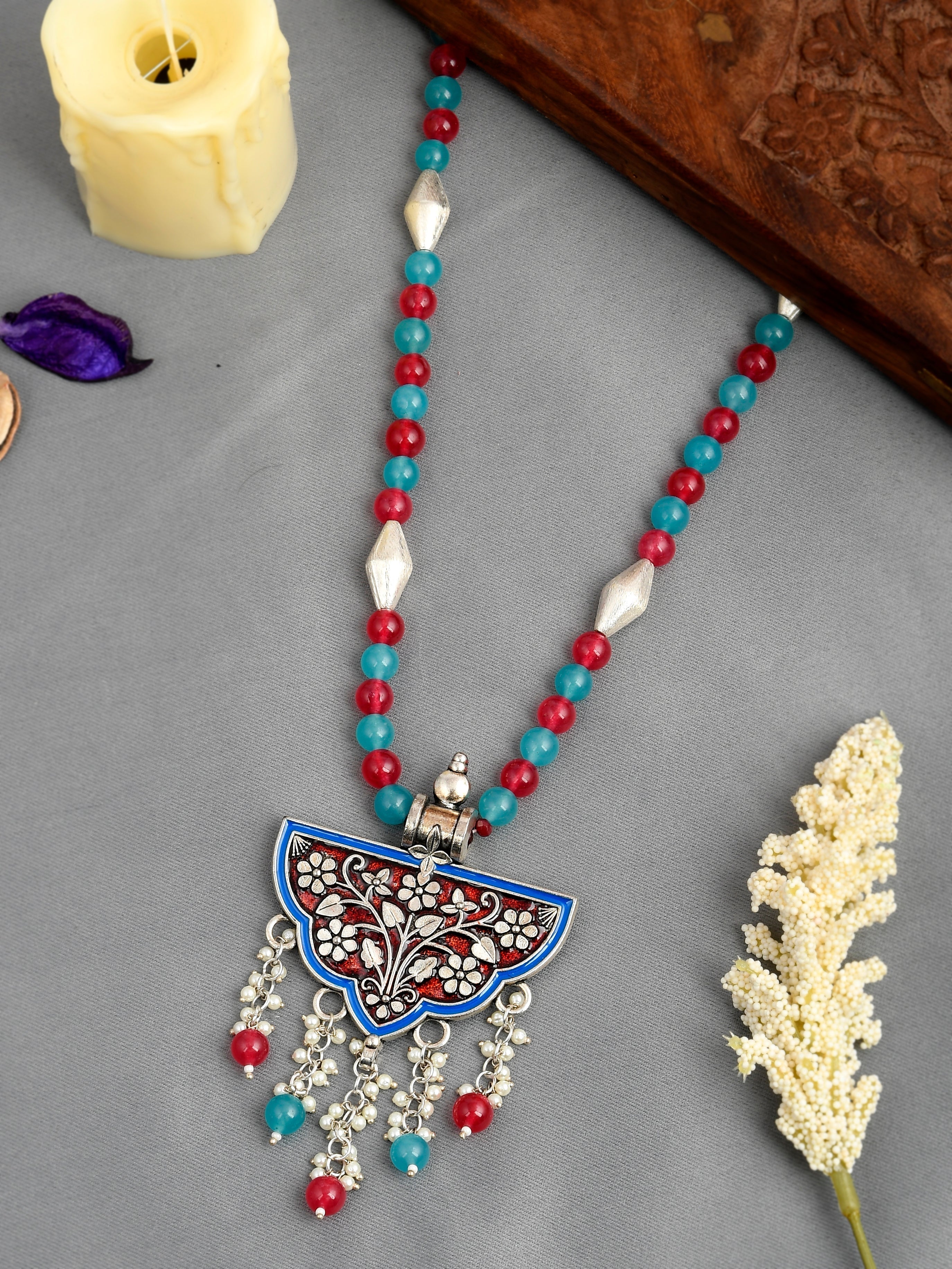 Dastoor Red  Blue Brass Silver-Plated Necklace
