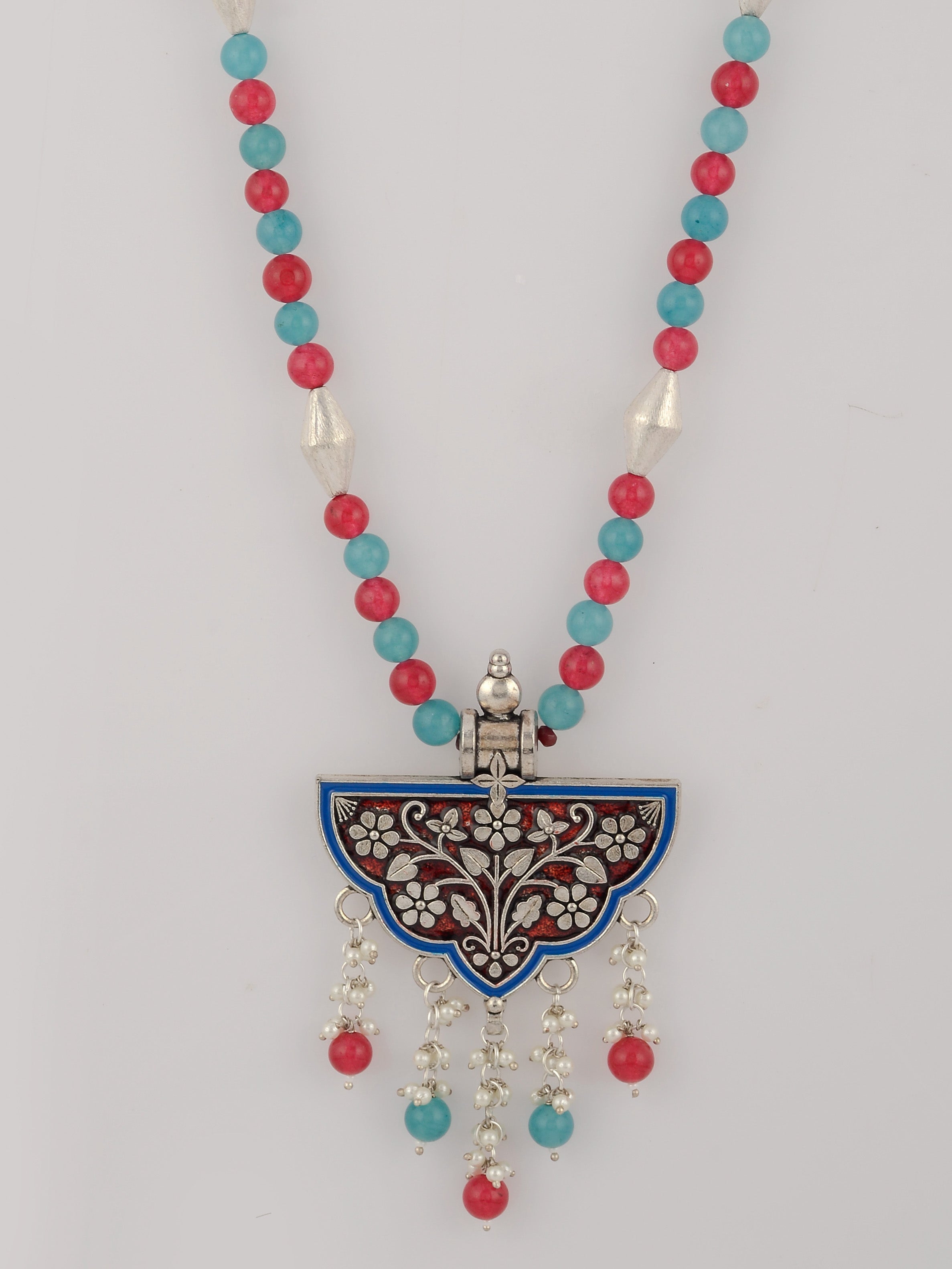 Dastoor Red  Blue Brass Silver-Plated Necklace