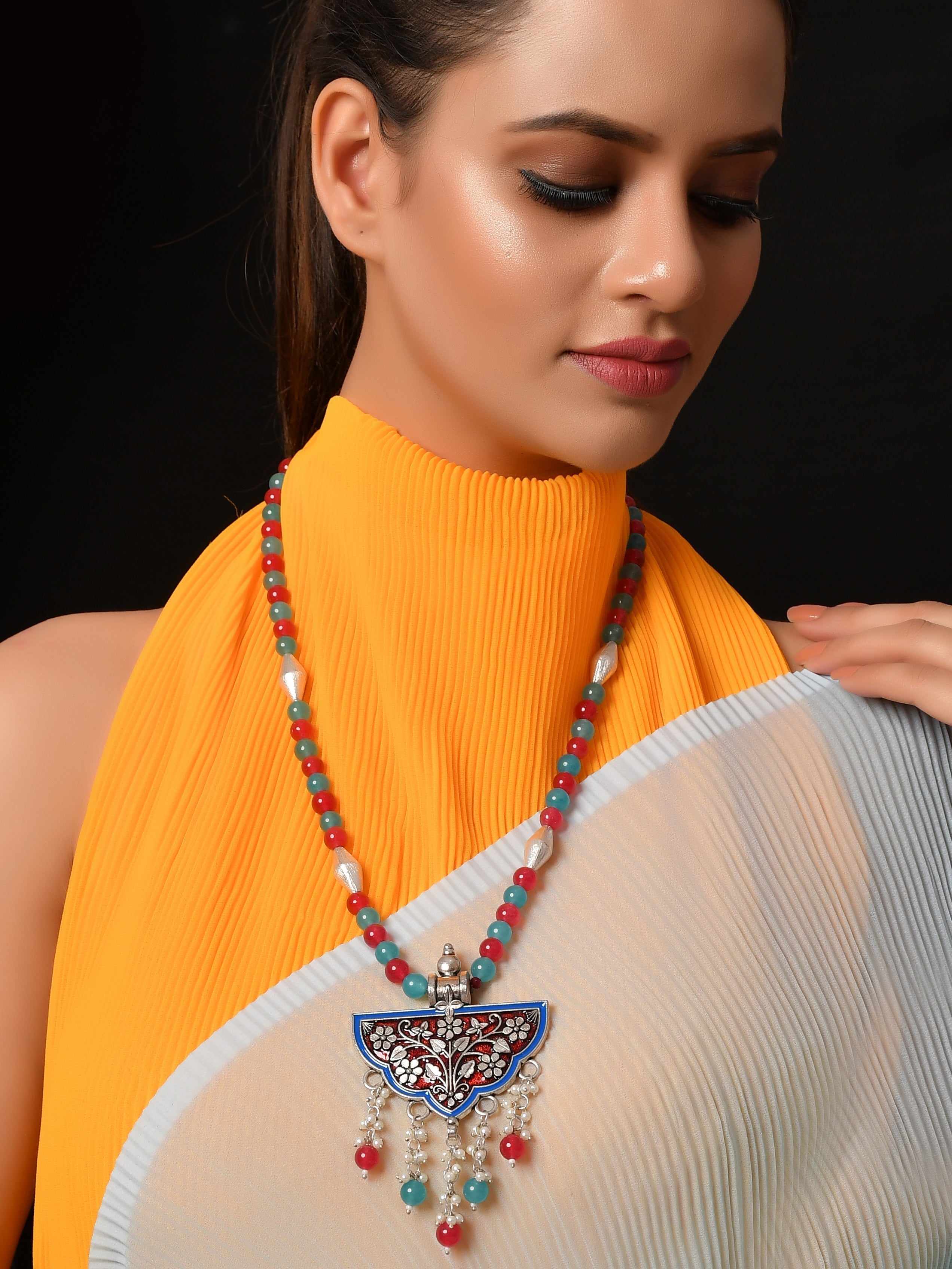 Dastoor Red  Blue Brass Silver-Plated Necklace