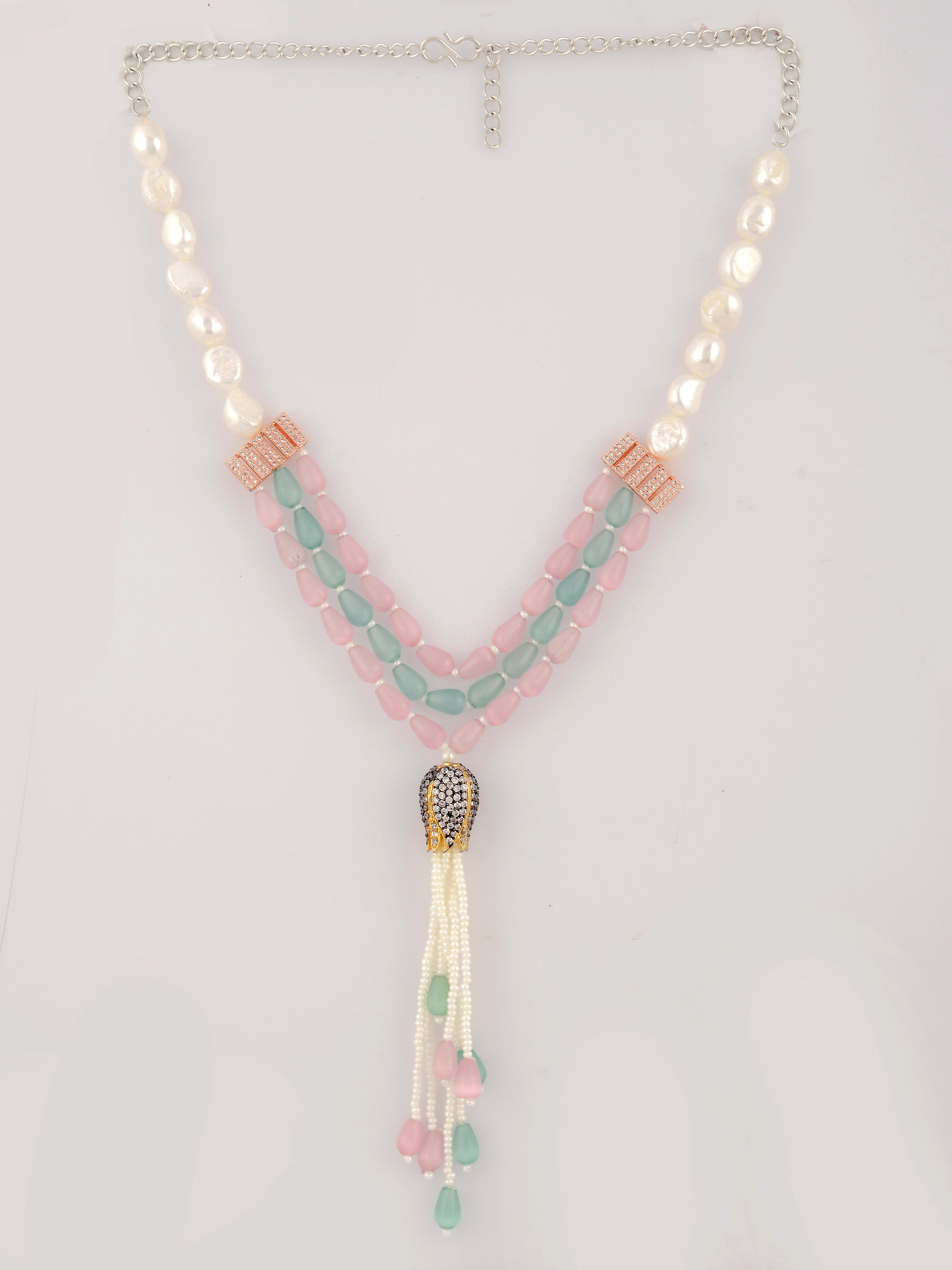 Dastoor Pink  Green Brass Gold-Plated Necklace