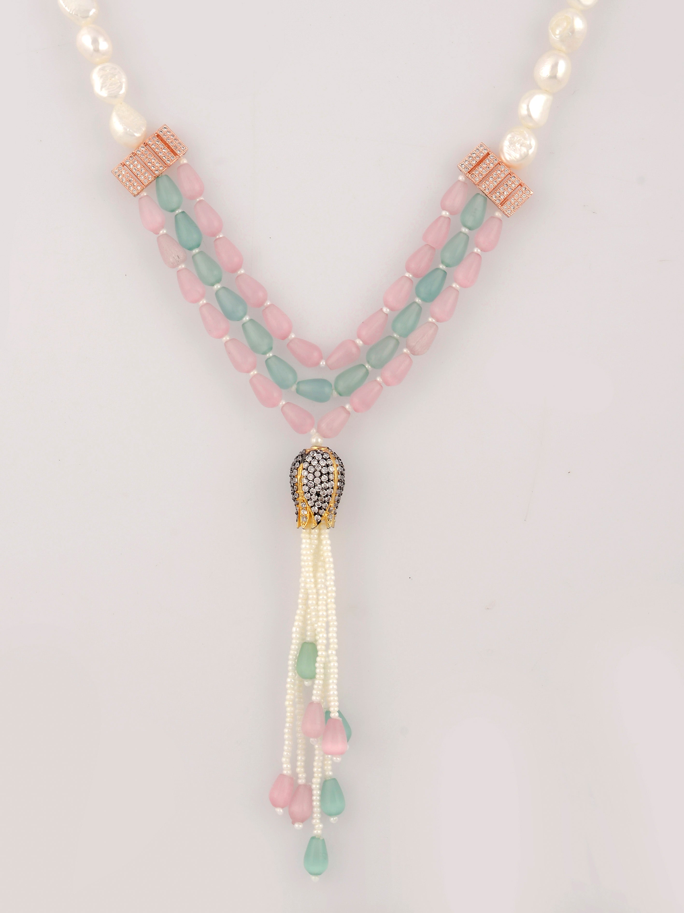 Dastoor Pink  Green Brass Gold-Plated Necklace