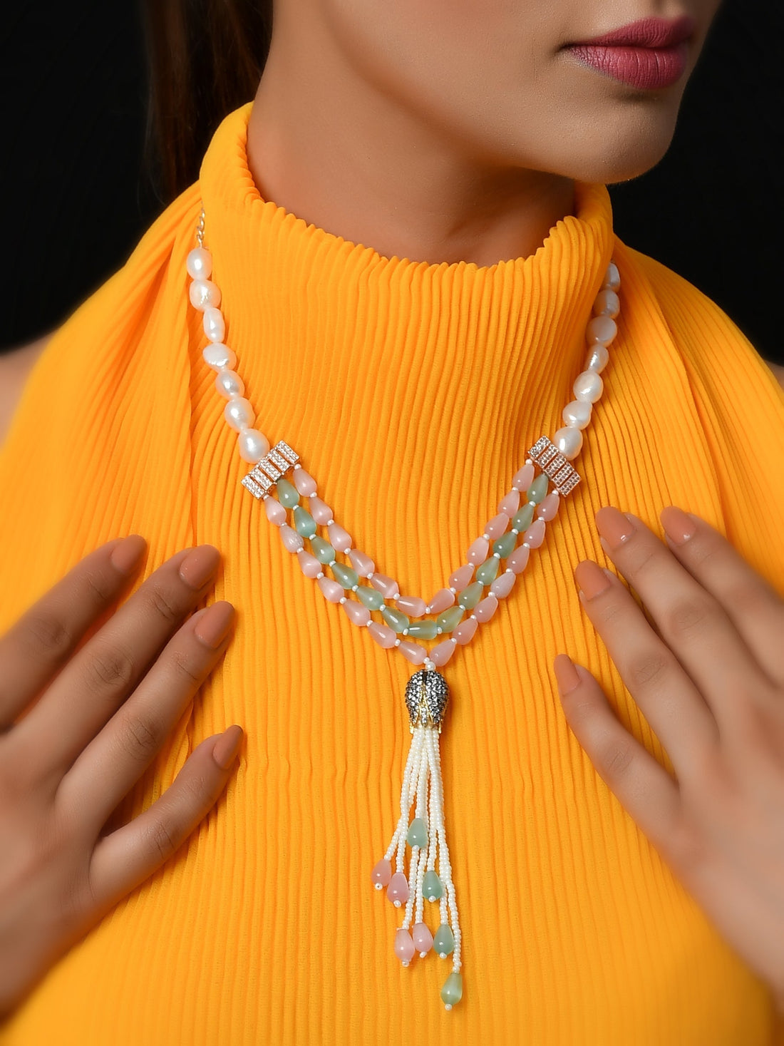 Dastoor Pink  Green Brass Gold-Plated Necklace