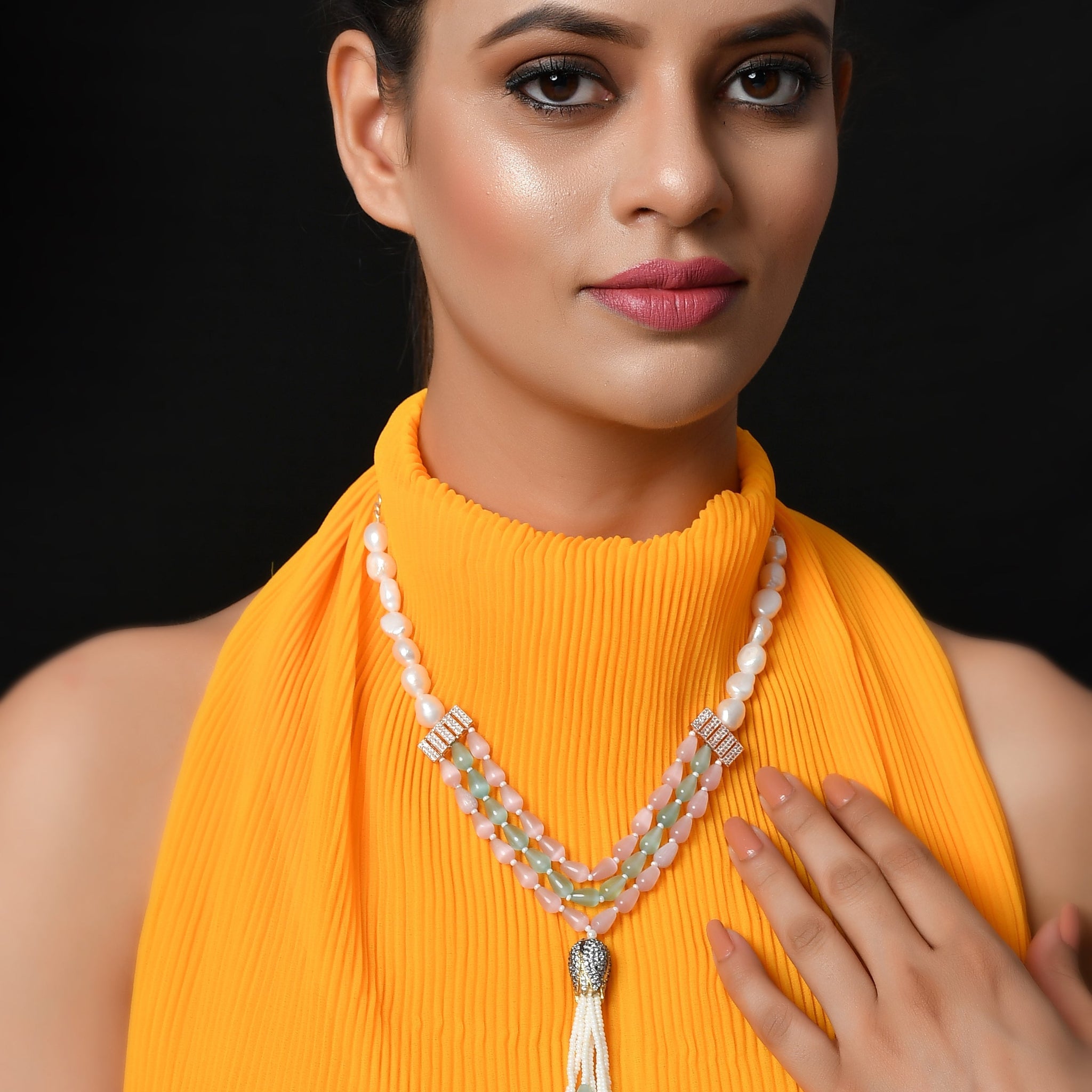 Dastoor Pink  Green Brass Gold-Plated Necklace