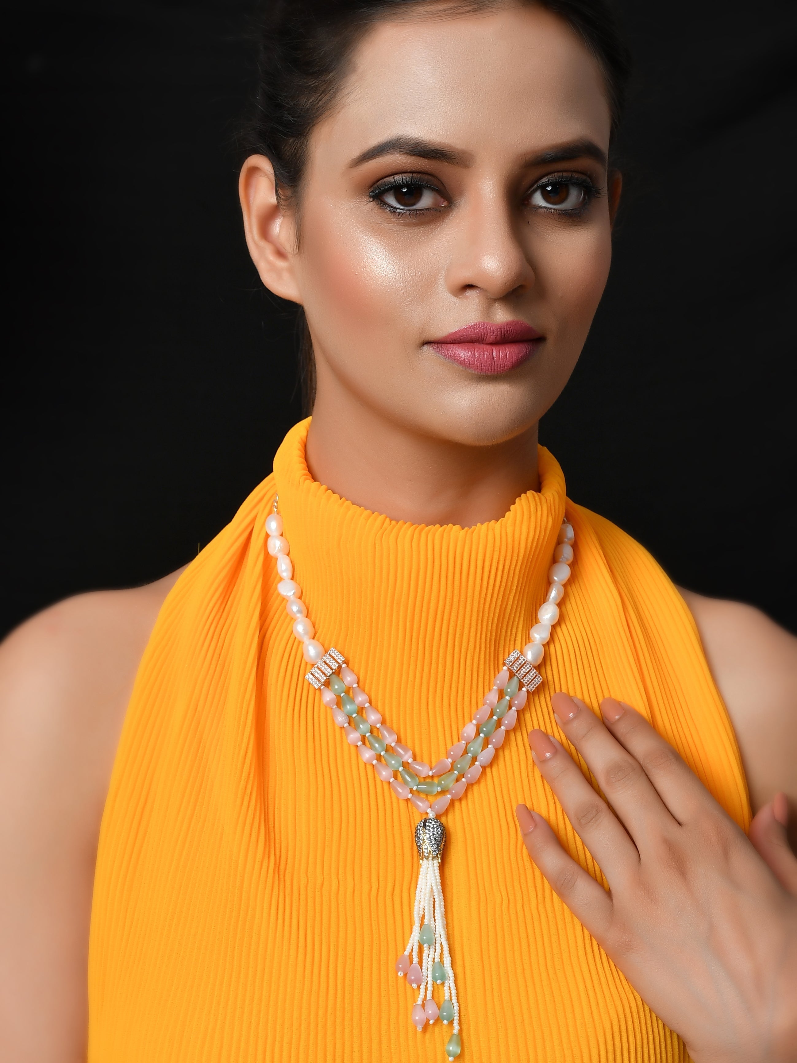 Dastoor Pink  Green Brass Gold-Plated Necklace