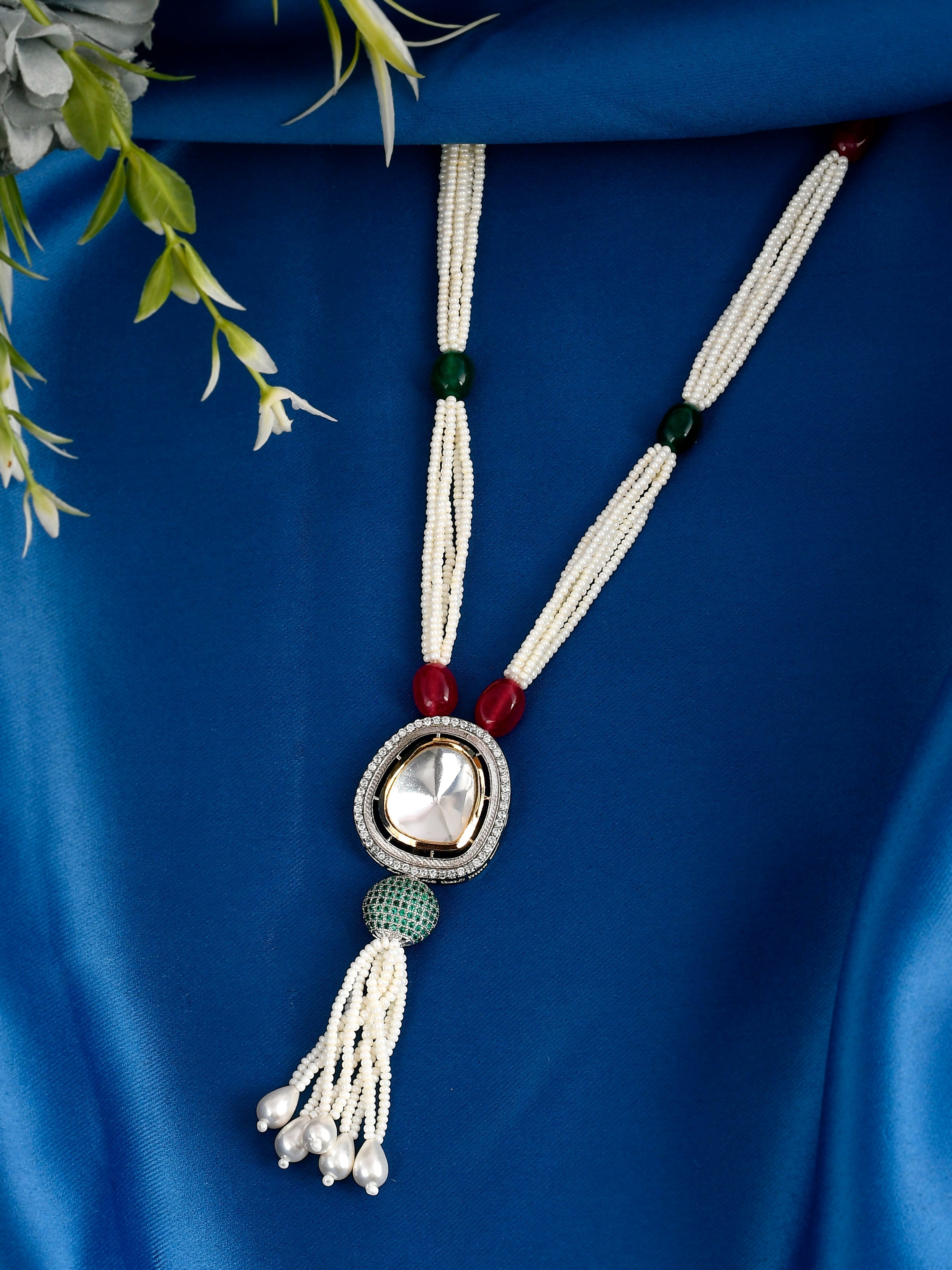 Dastoor White  Maroon Brass Gold-Plated Necklace