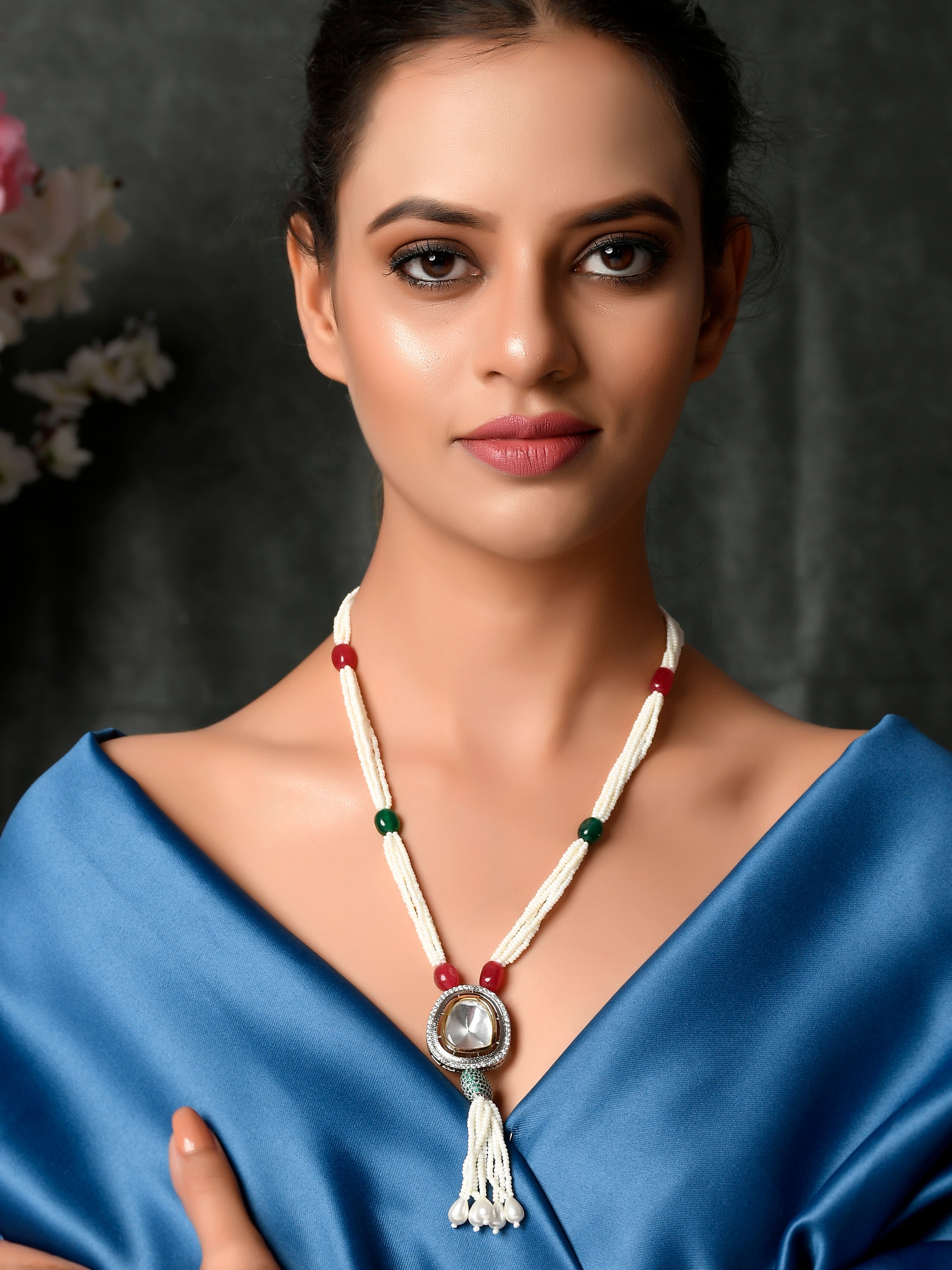 Dastoor White  Maroon Brass Gold-Plated Necklace