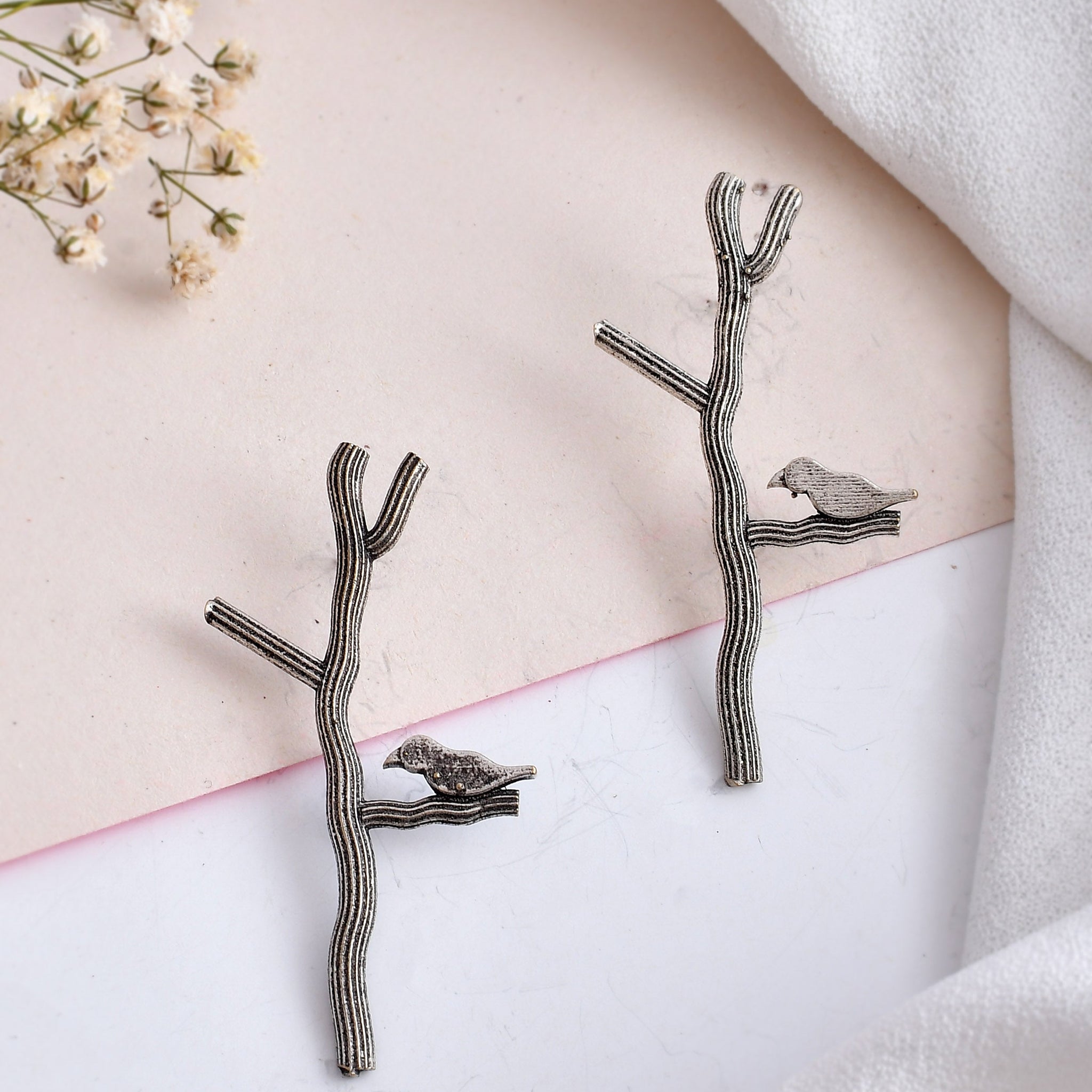 Bark and Bird Oxidized Earrings