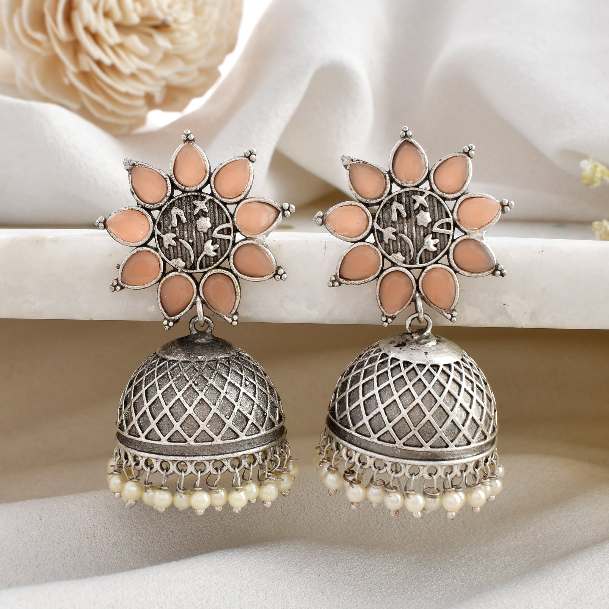 Peachy Pearl Jhumki Gems