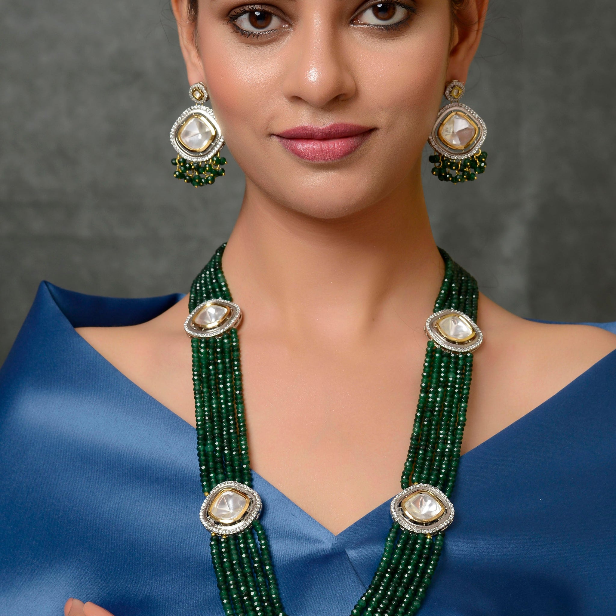 Dastoor Gold-Plated Green Kundan Polki Jewellery Set