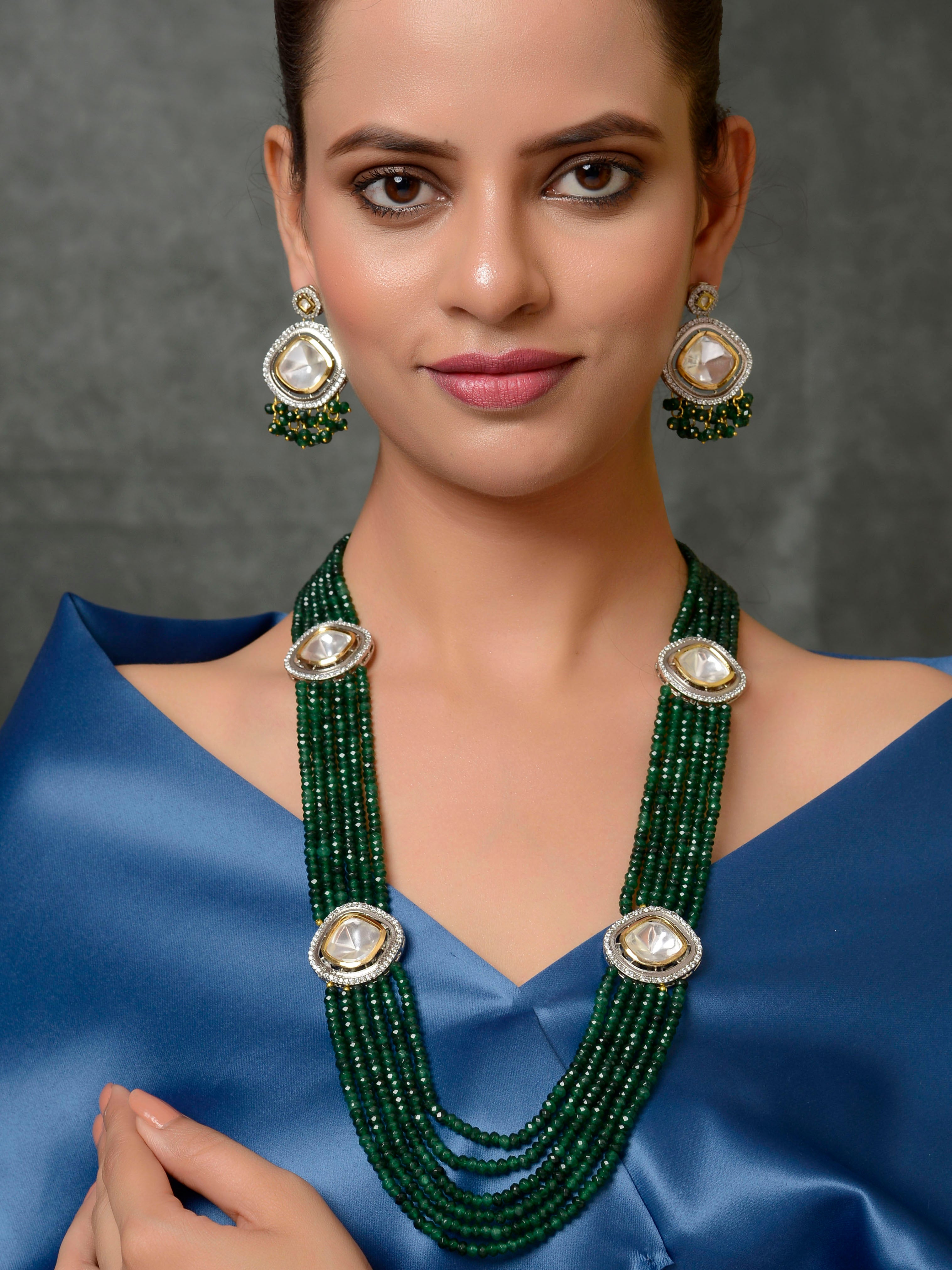 Dastoor Gold-Plated Green Kundan Polki Jewellery Set