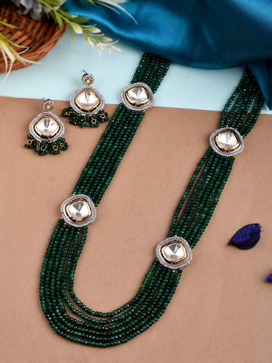 Dastoor Gold-Plated Green Kundan Polki Jewellery Set