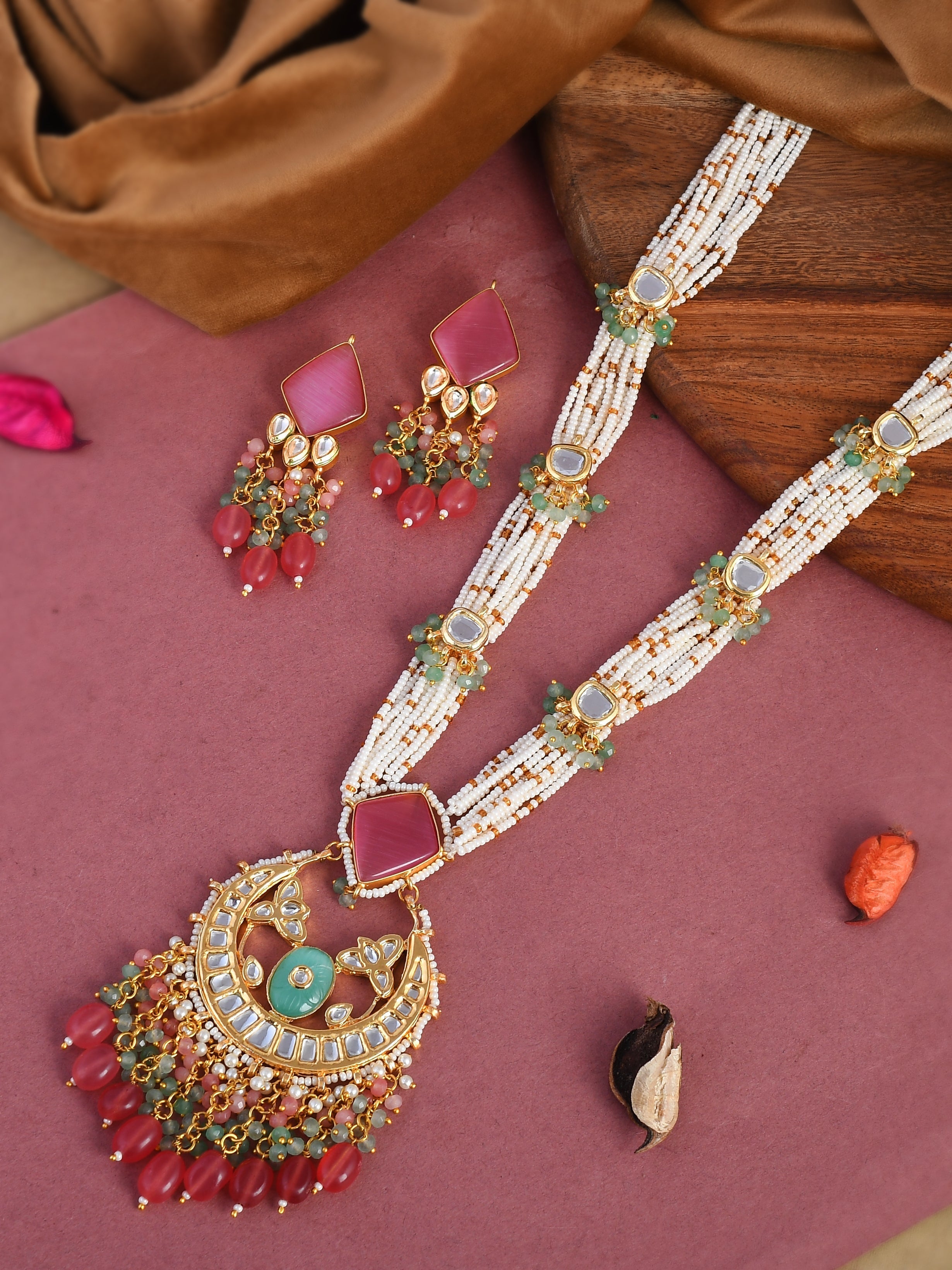 Pink Jewel Cascade Choker Necklace Set