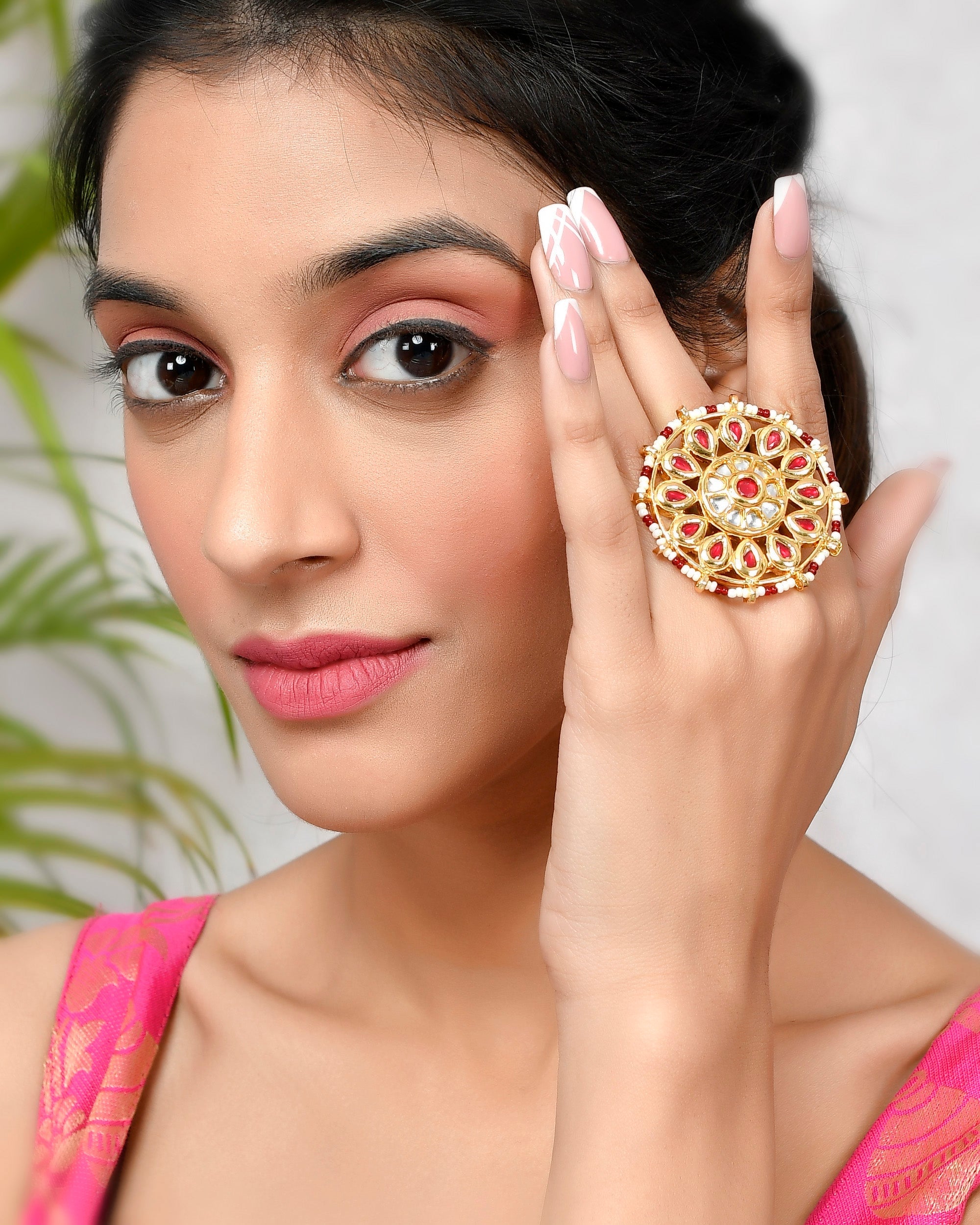 DASTOOR Women Gold-Plated Maroon Kundan Studded  White Beaded Meenakari Finger Ring