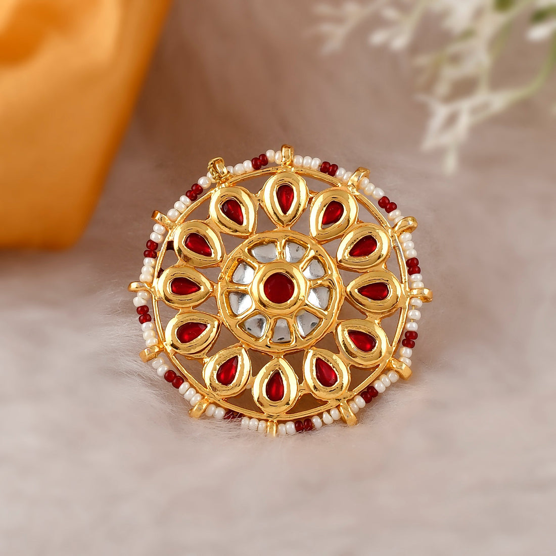 DASTOOR Women Gold-Plated Maroon Kundan Studded  White Beaded Meenakari Finger Ring