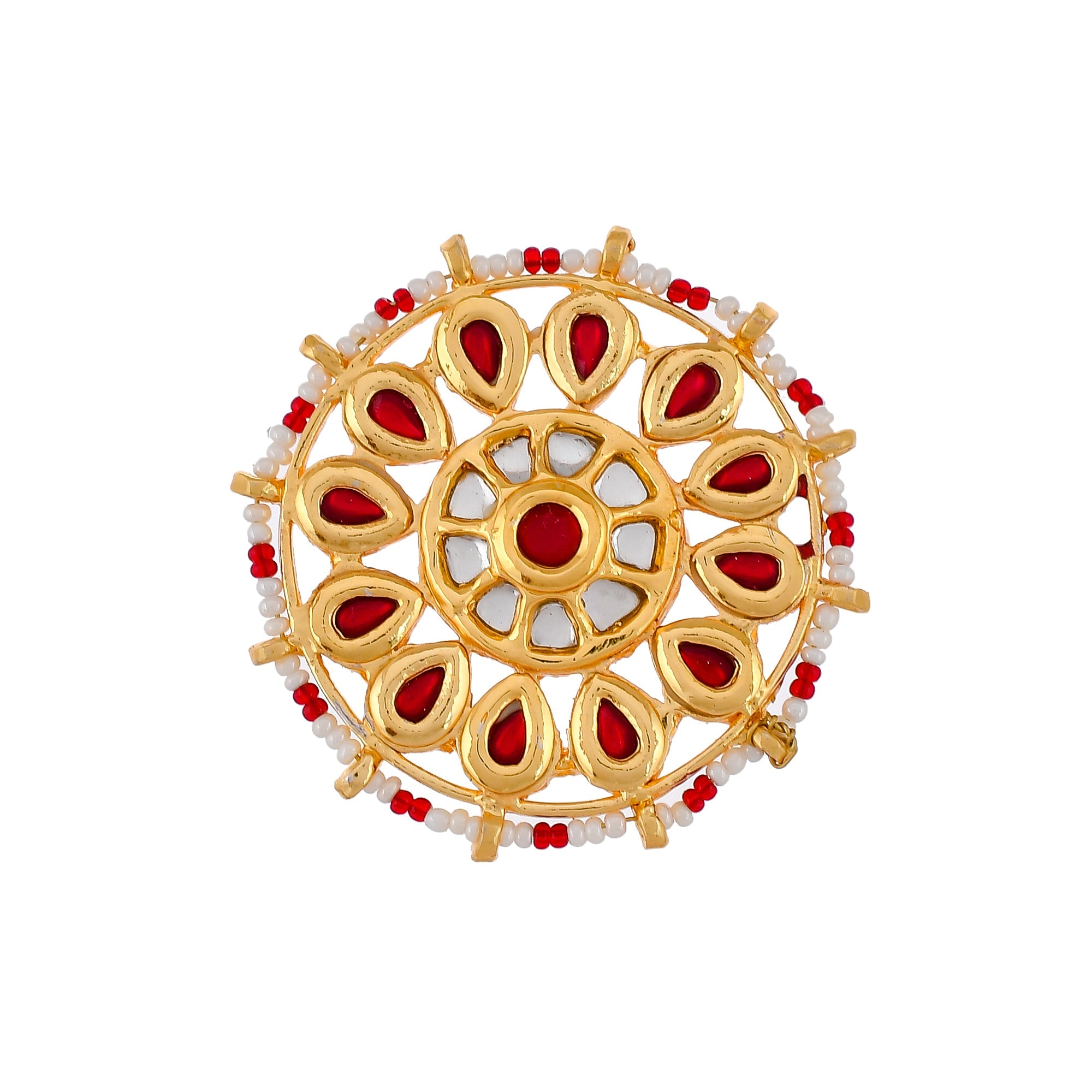 DASTOOR Women Gold-Plated Maroon Kundan Studded  White Beaded Meenakari Finger Ring