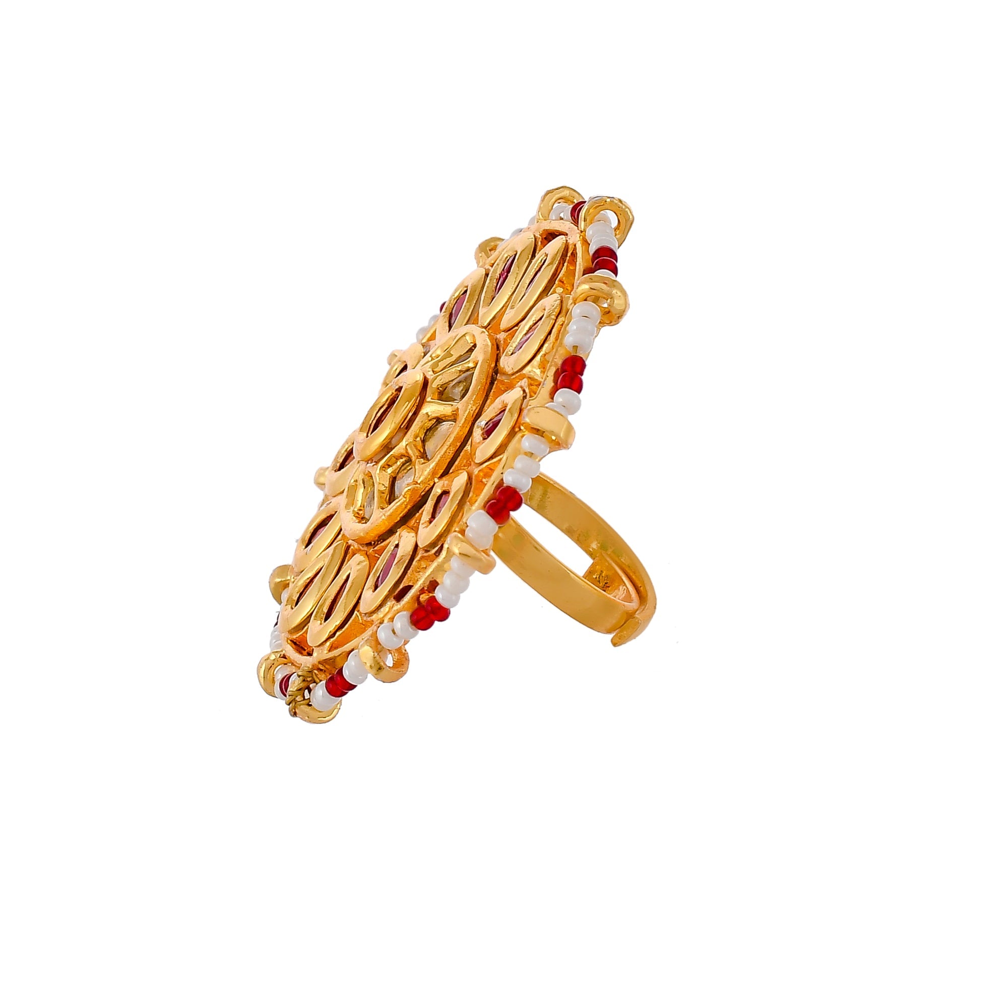 DASTOOR Women Gold-Plated Maroon Kundan Studded  White Beaded Meenakari Finger Ring