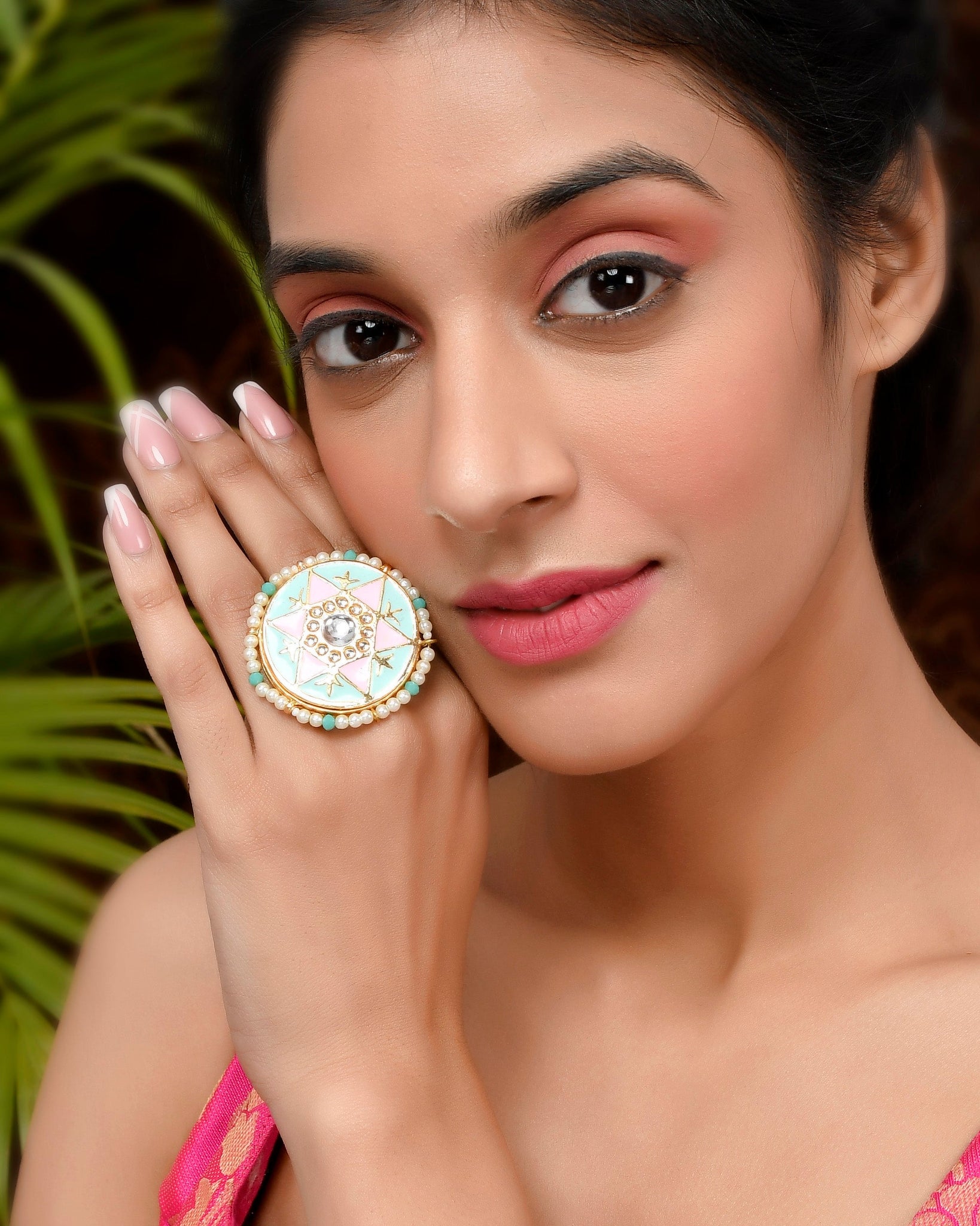 DASTOOR Gold-Plated Multi-Coloured Kundan-Studded Meenakari Finger Ring