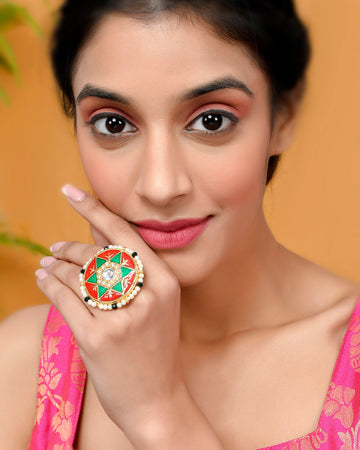 DASTOOR Women Gold-Plated White Kundan Studded Exclusive Meenakari Adjustable Ring