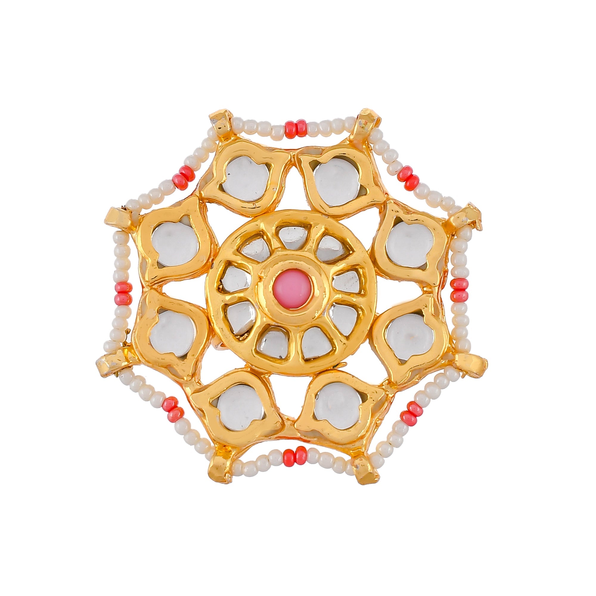 DASTOOR Gold-Plated Pink  White Kundan Studded Meenakari Adjustable Finger Ring