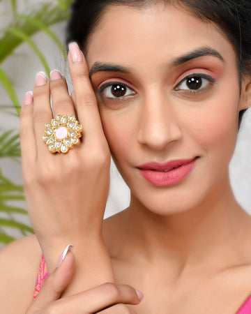 DASTOOR Gold-Plated Pink  White Kundan-Studded  Beaded Adjustable Finger Ring